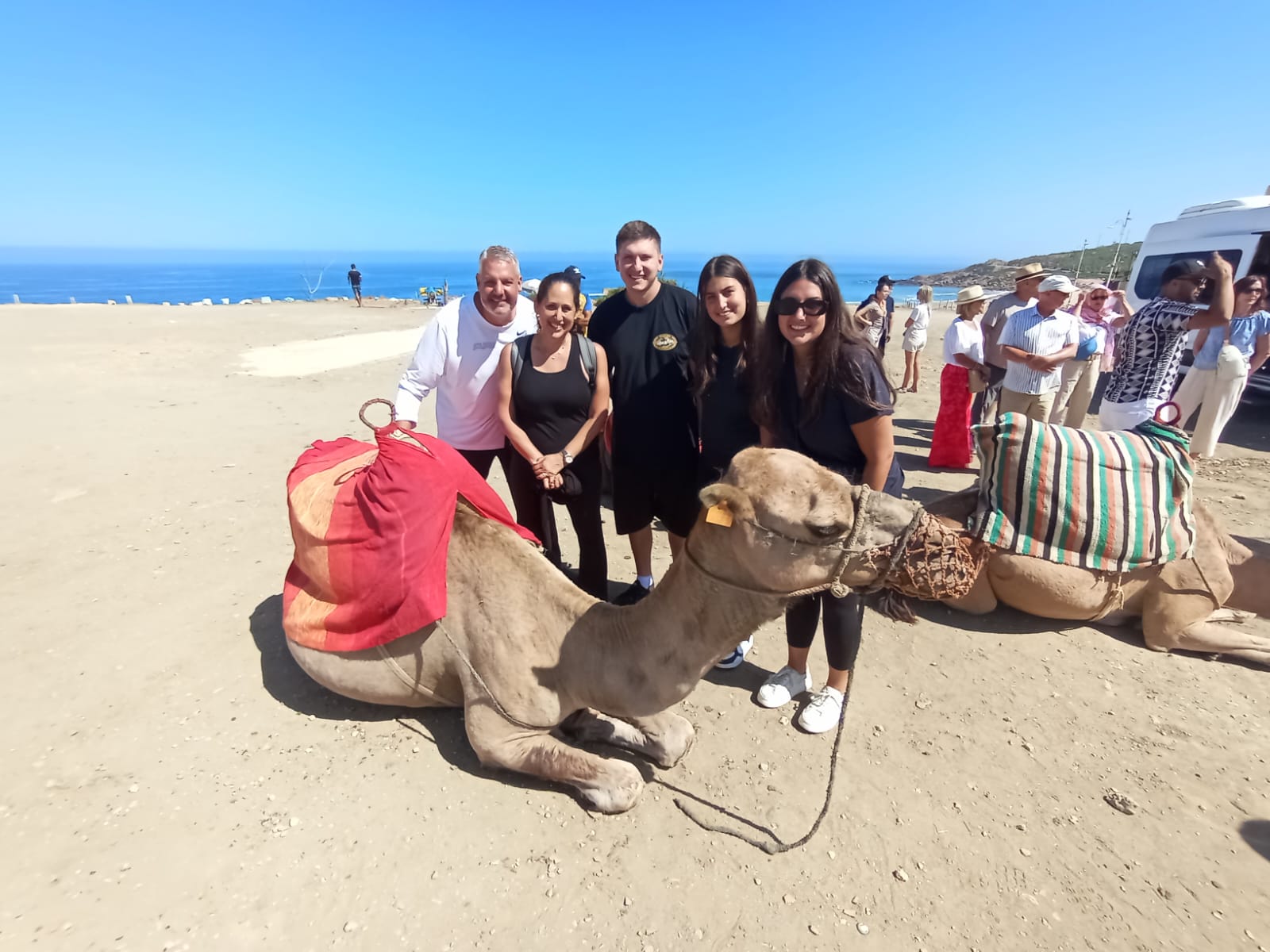Group of tourists with a camel on a beautiful Moroccan beach